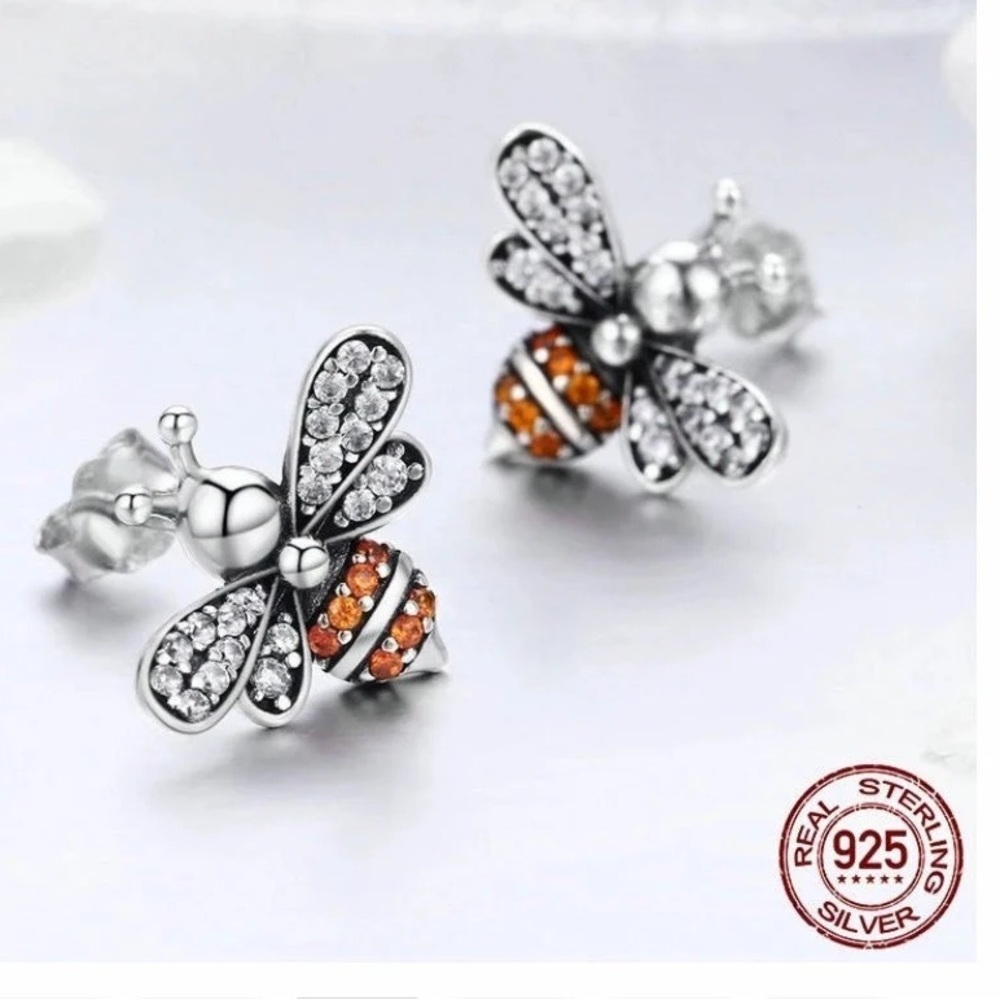 925 Sterling Silver Accent Bee Stud Earrings